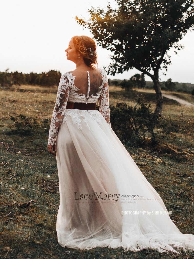 Beautiful Boho Style Wedding Dress with Long Lace Sleeves Featuring Illusion Neckline and Back with Buttons Through and Airy Tulle Skirt image 8