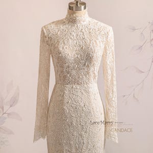 CANDACE / Turtleneck Full Lace Wedding Dress with Long Lace Sleeves, Romantic Lace Wedding Dress with Tulle Train