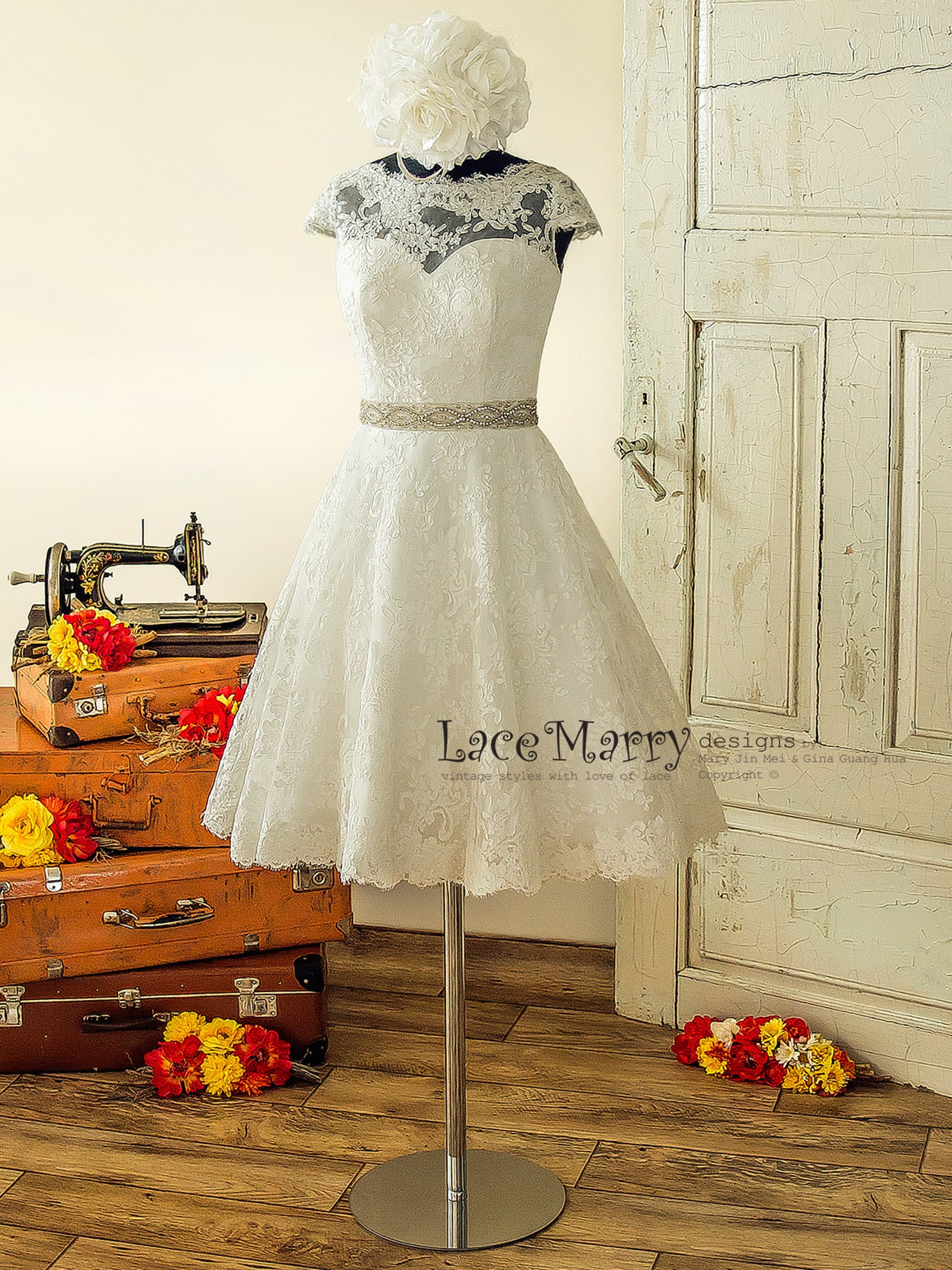 Knee Length Vintage Style Wedding Dress From Alencon Lace With Etsy