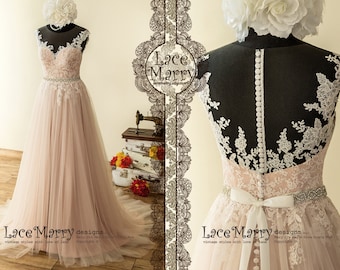 Champagne Dusty Pink Wedding Dress, Rose Lace, Tulle Skirt, Beaded Sash