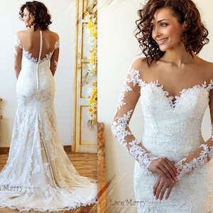 SARAPHINA / Wedding Dress with Long Lace Sleeves and Illusion Top, Romantic Wedding Dress, Lace Wedding Dress with Sleeves