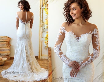 SARAPHINA / Long Sleeve Lace Wedding Dress: Romantic Illusion Top Bridal Gown