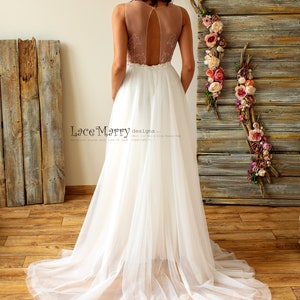 V-Neck Ivory Wedding Dress, Lace Applique Bodice, Sheer Back image 3