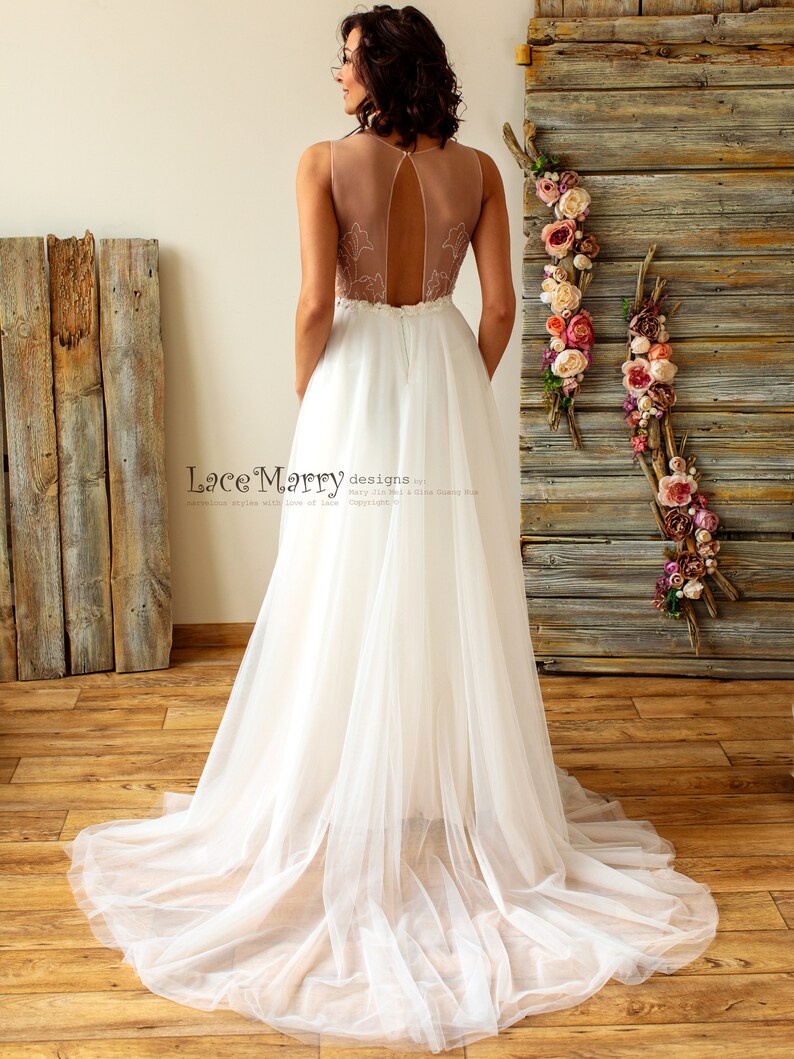 V-Neck Ivory Wedding Dress, Lace Applique Bodice, Sheer Back image 3