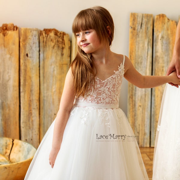 NINI / Blush & Ivory Blumenmädchen Kleid, Tutu Tüll Mädchen Rock Party Kleid, rustikales Boho Blumenmädchen Kleid, Junior Brautjungfer Kleid