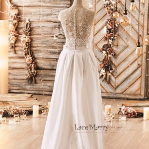 Two Piece Wedding Dress Set from Lightly Beaded Transparent Crop Top with 3D Flower Applique and Ample High Low Skirt in Folded Modern Cut image 3