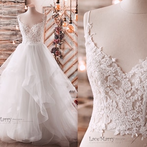 Wedding Dress with A Line Glitter Tulle Skirt, Bridal Separates, Glitter Wedding Skirt, Wedding Lace Top, Horsehair Shimmer Wedding Skirt