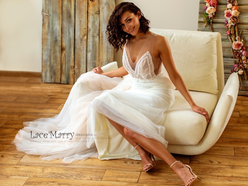 V-Neck Ivory Wedding Dress, Lace Applique Bodice, Sheer Back image 7
