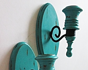 Small Pair of Vintage Wall Candle Sconces Distressed in Teal, Eclectic, Boho, Rustic, Shabby Chic, Cottage Chic, Solid USA Wood, Wall Decor