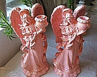 Pair of Cherubs/Angels Candle Sconces Upcycled in Pink with Gold Accents, Candlesticks Holders, Pink Table Decor, Kids Room, Nursery  Room