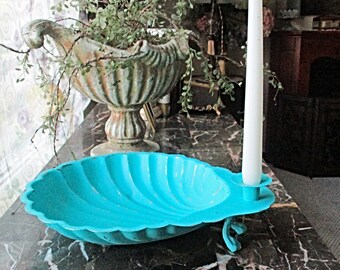 Candlesticks Holder, Candle Holder, Up Cycled, Vintage, Distressed, Aqua, Silver Plated, Candleholders, Sea Shells Design, Centerpieces