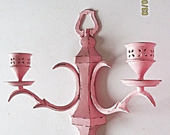 Heavy Metal Candle Wall Sconce Distressed in Pleasing Pink Satin, Contemporay Design, Girls' Room, Kids Room Nursery Room Decor, Shabby Chic