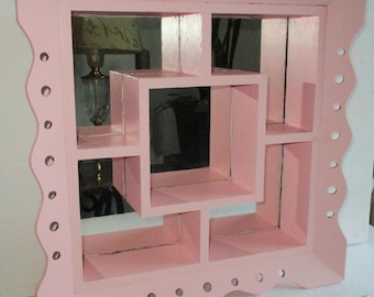 Vintage Mirrored Wooden Shelf Upcycled in Sweet Pea Pink, Pink Shelf, Display Stands, Vintage Shelves, Pink Home decor, Pink Wall Decor