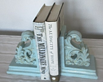 Bookends Upcycled in Light Breezeway Paint and Light Gold, Book Holders, French Baroque Decor, Shelf and Table Accessories, Book Stands