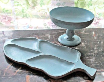 Pedestal and Tray, Upcycled Distressed Vintage, Catchall, Wood Centerpieces, Handcarved, Shabby Chic, Coffee Table Accessories, Rustic