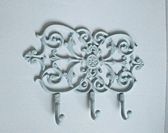 Metal Wall Hooks in Fleur De Lis Design, Farmhouse Cottage Modern Wall Decor, Ligh Sea Salt Bluish Grey