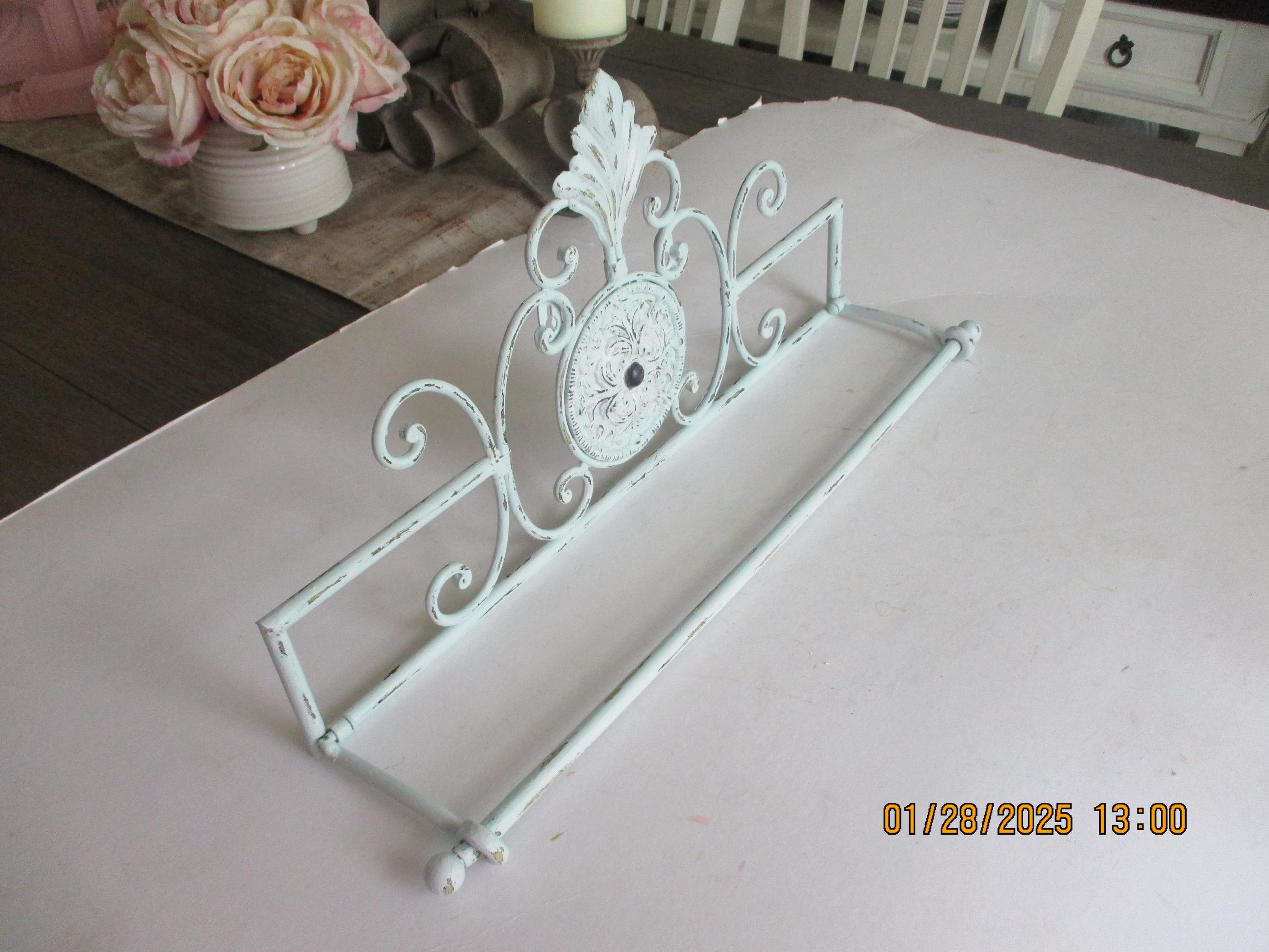 Distressed Metal Towel Holder Upcycled in Light Bluish Grey Satin, Kitchen Decor, Bath Decor, French Design, Modern Bathroom, Modern Kitchen