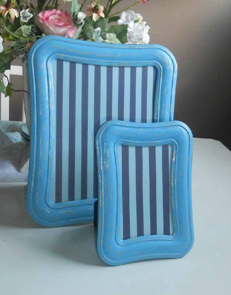 Pair Picture Frames Vintage Carr Brass Shabby Chic Distressed Aqua Boys Room Nursery Decor Blue Stripes