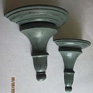 Upcycled Pair of Vintage Shelves (one small; one large) Made of Solid Wood and Distressed in Bluish Greenish Grey Satin