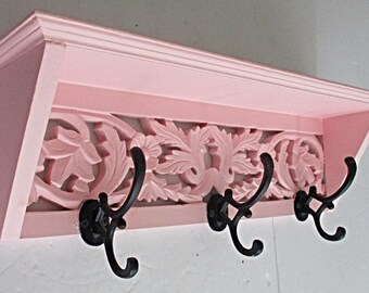 Solid Wood Pink Wall Shelf with Black Metal Hooks, Floral Panel, Modern Shelves, Decorative Shelves, Cottage, Shabby Chic