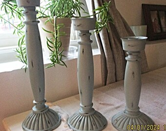 Upcycled Trio of Metal Candlesticks Holders Distressed in Vintage Teal. Tabletops, Farmhouse, Rustic, Country, Candleholders