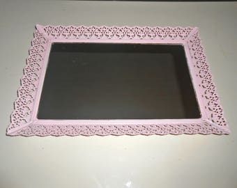 Large Vanity Tray, Upcycled Vintage, Pink and Gold, Shabby Chic, Glass Tray, Vanity Set, Filligree, Distressed, Bedroom Decor