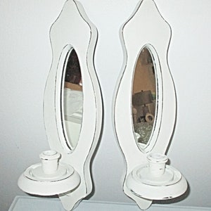 Pair of Mirrored Wall Sconces Distressed in Linen White, Upcycled Vintage Candlestick Holders, Rustic farmhouse Cottage Shabby Chic Decor