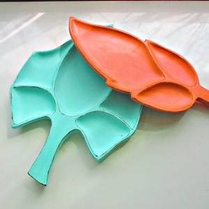 Two Wooden Leaf Trays, Aqua and Coral, Terra Cotta, Distressed, Rustic, Farmhouse, Centerpiece, Shabby, Coffee Table, All Wood
