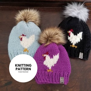 May include: Three knitted beanies in light blue, purple, and black, each with a white chicken design and a faux fur pom-pom. The beanies have a tag that says "jenly". The image also includes the text "KNITTING PATTERN Instant Download".