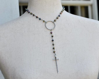 Holographic Rosary Bead O-Ring Sword Necklace - Goth Jewelry Witchy Gifts