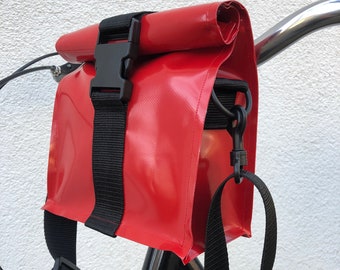 Waterproof handlebar bag, roll up from truck tarpaulin with detachable strap