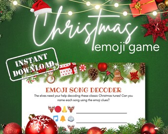 Puede incluir: Un juego de emojis de Navidad imprimible con fondo verde y decoraciones rojas y verdes. El juego incluye una lista de canciones navideñas y pistas de emojis para ayudar a los jugadores a adivinar los títulos de las canciones.