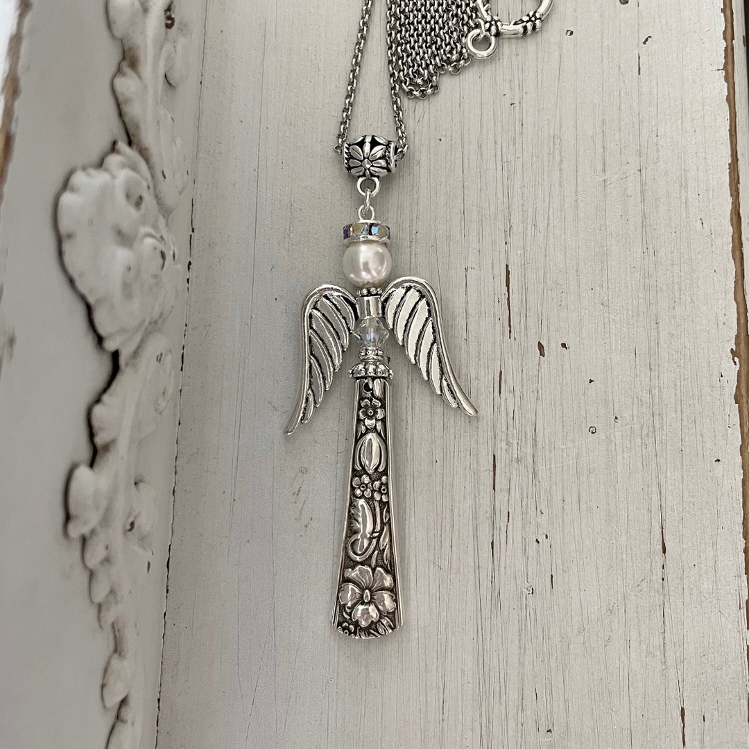 Angel Necklace, Vintage Spoon Necklace, Silver Spoon Necklace, Angel