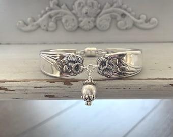 Silver Plated Spoon Bracelet, Vintage Flatware, Swarovski, Birthstone, Daffodil, Floral, Silver Bracelet