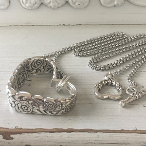 Floating Heart Necklace, Floating Heart Pendant, Silver Heart, Spoon Necklace, Floral, Silverware Jewelry, Floral Bouquet Pattern