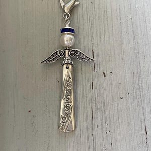 Purse Charm, Vintage Spoon, Backpack Charm, Repurposed Spoon, Revelation, Sapphire, Silverware, Purse Accessory, Angel, Silverplate, Floral