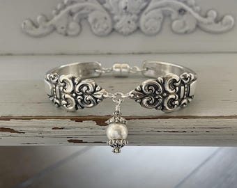 Bracelet cuillère plaqué argent, bracelet pierre de naissance, couverts vintage, cristal Swarovski, couronne espagnole