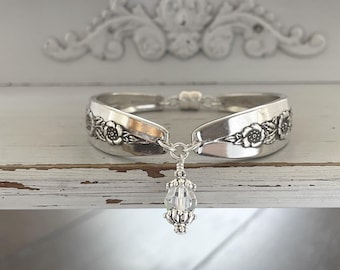 Vintage Silver Plated Spoon Bracelet: Primrose Pattern, Swarovski Crystal