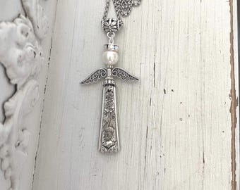Vintage Silverware Angel Necklace, Floral Spoon Pendant, Swarovski Pearl