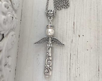 Angel Necklace, Vintage Spoon Necklace, Silver Spoon Necklace, Angel, Spoon Necklace, Floral, Swarovski, South Seas