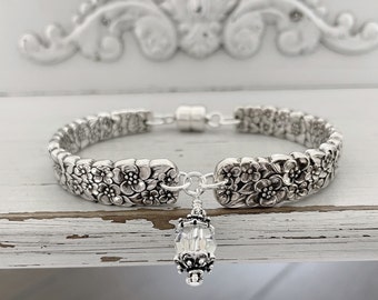 Silver Plated Spoon Bracelet, Vintage Flatware, Swarovski, Birthstone, Floral, Silver Bracelet, Love aka Precious Flower