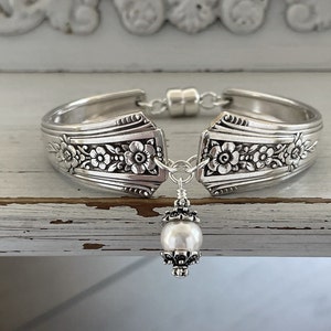 Silver Plated Spoon Bracelet, Vintage Flatware, Swarovski, Birthstone, Fortune, Silver Bracelet