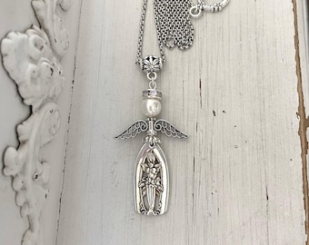 Vintage Silver Spoon Angel Necklace: Floral Pendant, Swarovski Pearl