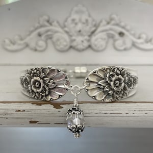 Silver Plated Spoon Bracelet, Vintage Flatware, Swarovski Crystal, Jubilee Pattern