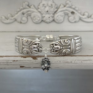 Silver Plated Spoon Bracelet, Vintage Flatware, Danish Queen, Swarovski, Birthstone, Black Diamond