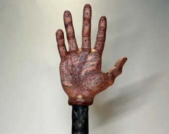 Life Size Realistic Palmistry Hand Sculpture on Astrology Symbol Carved Wood Stand by Sunny Biss