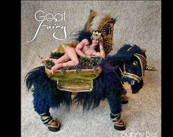 GOAT FAIRY ~ Male Fairy riding baby goat OOAK sculpture by Sunny Biss