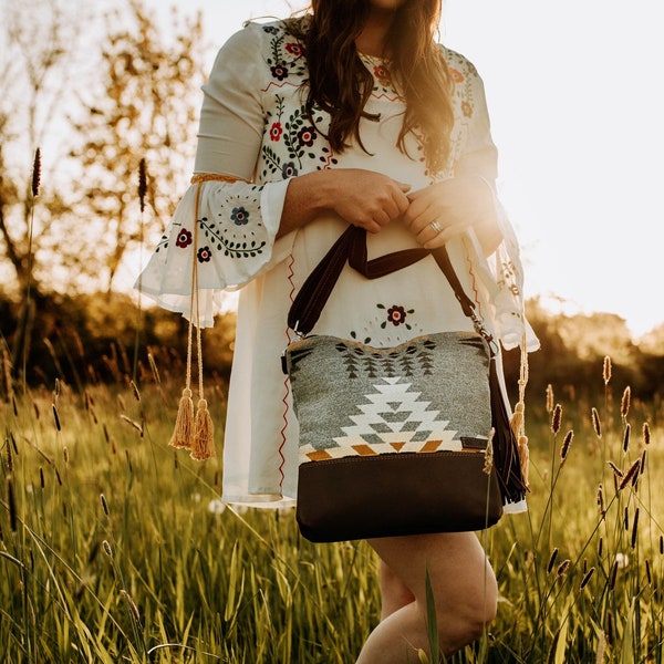 Southwest Print Leather Bottom Cross Body Purse, Gray Crossbody, Medium Purse, Leather Purse, Western Style Purse, American Made Bag,