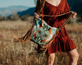 Leather Fringe Crossbody Purse in Tucson Aqua Pendleton Wool and Caramel Leather Fringe , Buckskin Leather Bag, Southwestern Bag