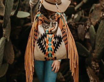 Large Hobo Fringe Shoulder and Cross Body Purse in Rancho Arroyo Tan Pendleton Wool with Caramel Fringe,